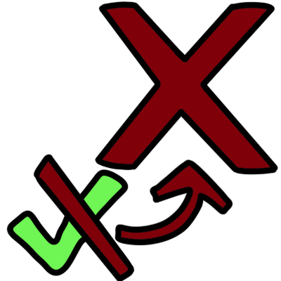 a small, crossed-out green checkmark, with an arrow pointing from it to a large red 'X'.